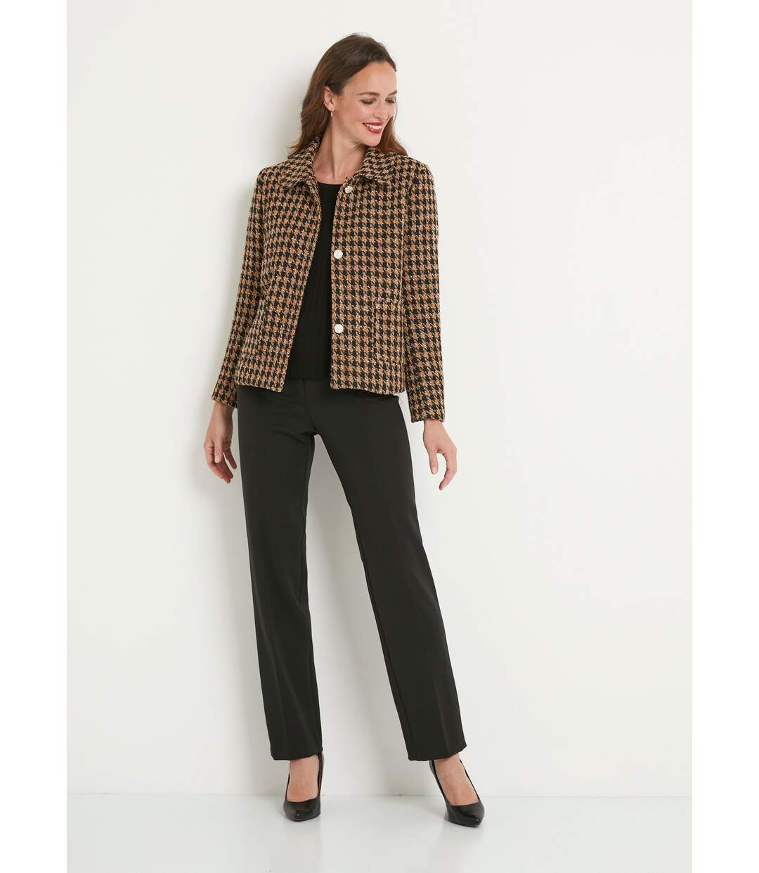 Veste boutonnée courte jacquard pied de coq-3
