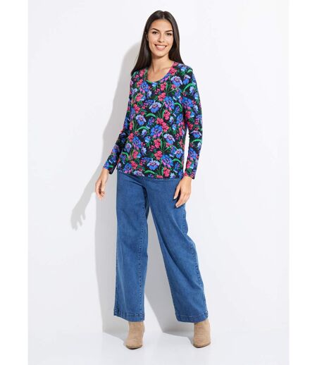 T-shirt droit col rond manches longues fleuri
