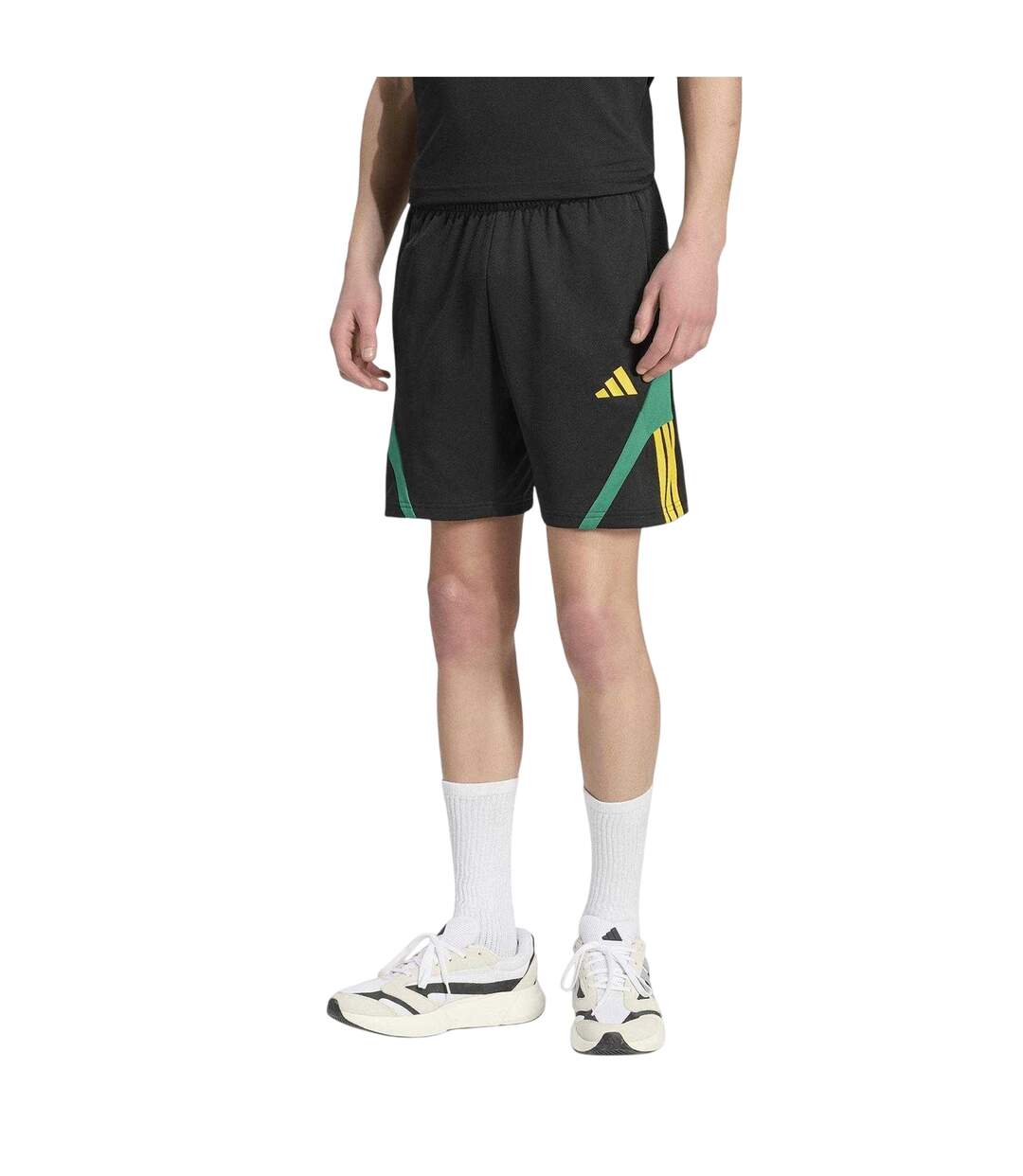 Mens Fleece Striped Track Shorts Black Yellow Adidas-3