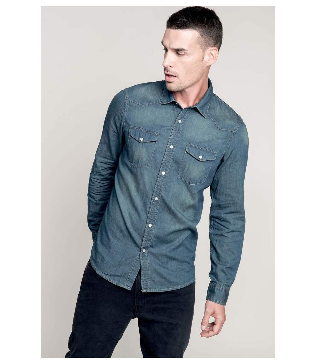 Chemise denim manches longues - K519 - bleu - homme