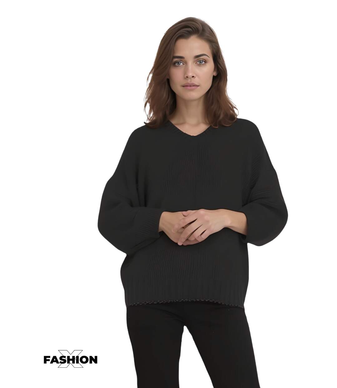 Pull femme manches longues - Couleur noir - Col en pointe