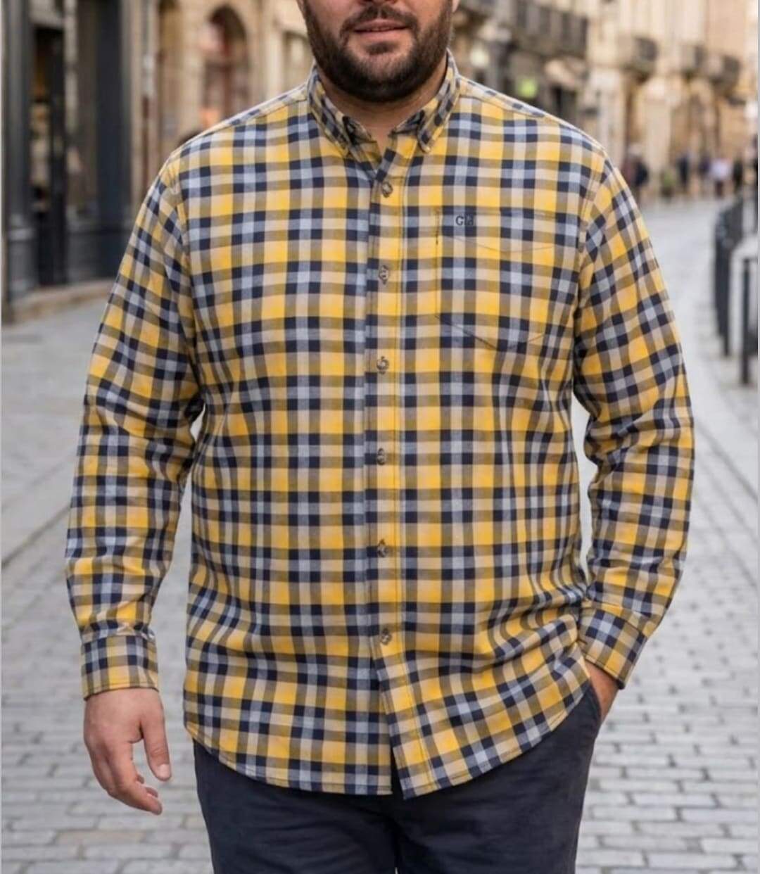 CHALLENGER CH2023 — Chemise à carreaux manches longues bleu et jaune : douceur en Coton gratté et coupe confort-1