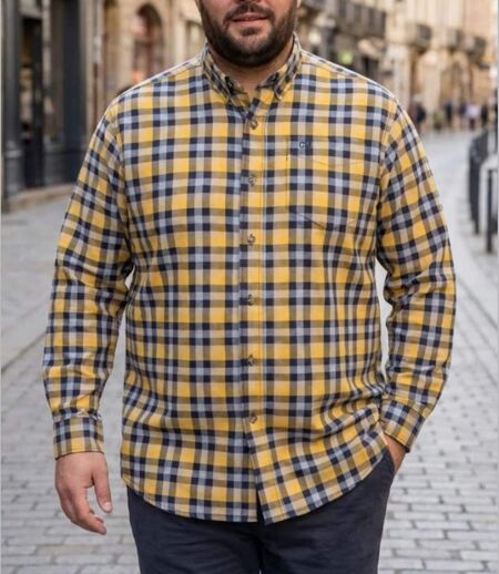 CHALLENGER CH2023 — Chemise à carreaux manches longues bleu et jaune : douceur en Coton gratté et coupe confort