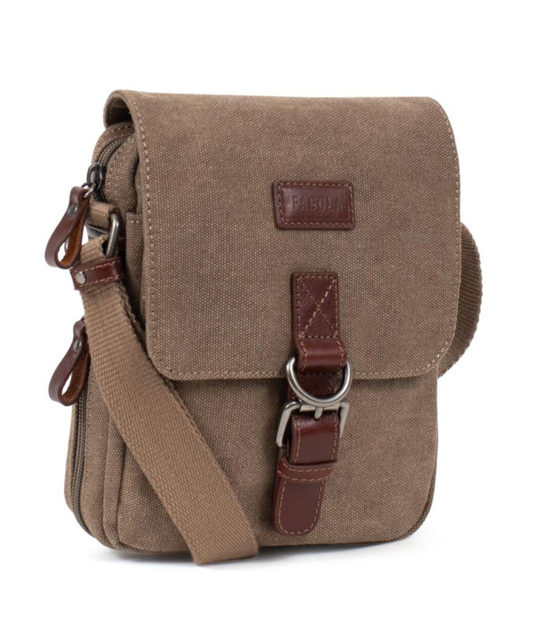 Sacoche bandoulière homme en toile et cuir beige - multi-poches, poignée et bandoulière réglable-5
