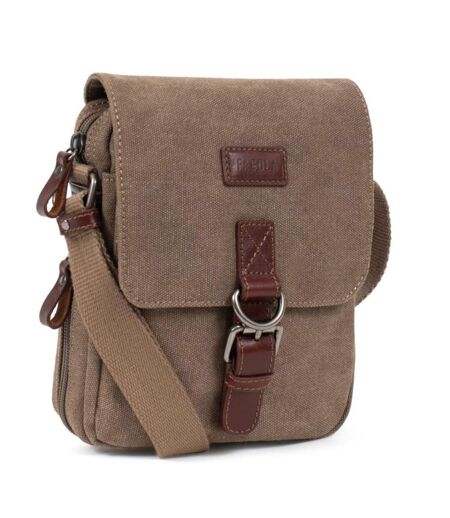 Sacoche bandoulière homme en toile et cuir beige - multi-poches, poignée et bandoulière réglable