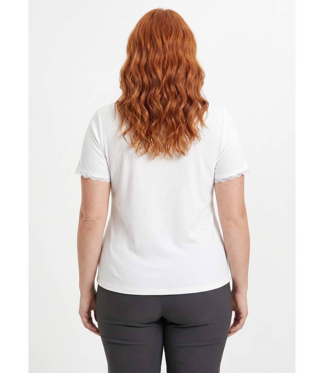T-shirt col V fines côtes dentelle manches courtes-2
