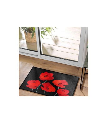 Tapis Déco Imprimé Coquelicots 50x80cm Noir & Rouge