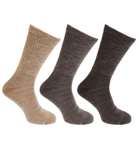 Mens Lambs Wool Blend Diabetic Extra Wide Socks (3 Pairs) (Brown) - UTMB534