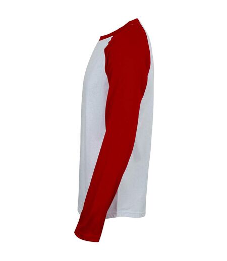 Skinni Fit Mens Long-Sleeved Baseball T-Shirt (White/Red)