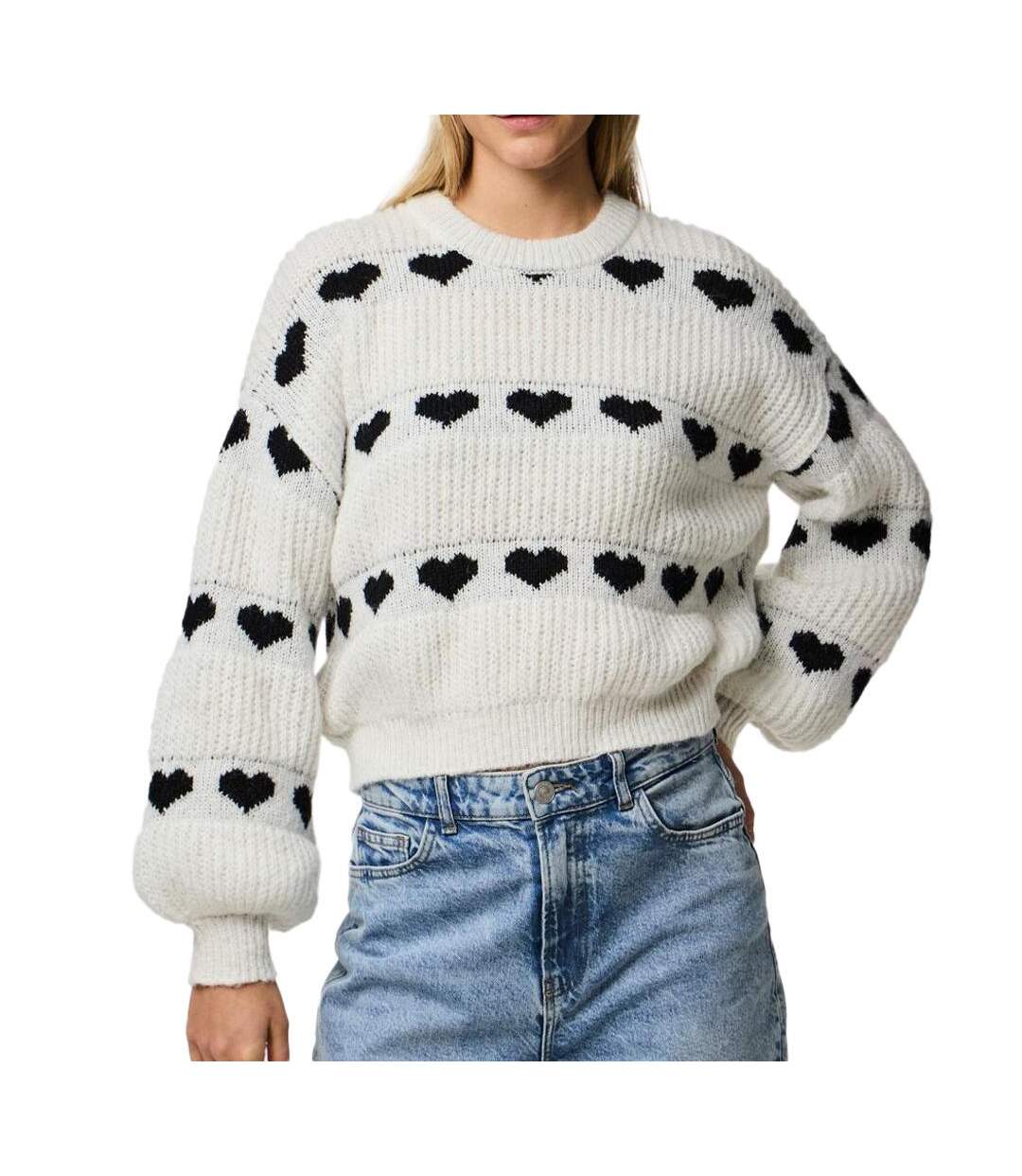 Pull Blanc/Noir Coeur Femme Pieces Nove - L