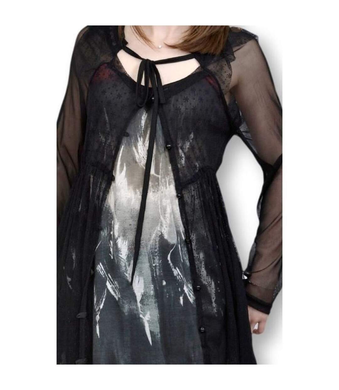 Robe femme imprimé manches en voile couleur noir-4