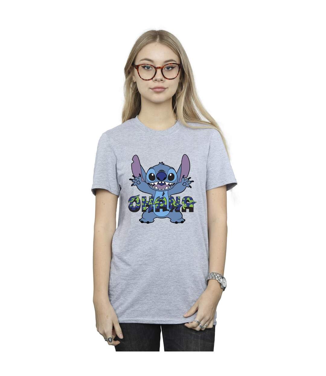 Disney Womens/Ladies Lilo And Stitch Ohana Blue Glitch Cotton Boyfriend T-Shirt (Gris sportif) - UTBI30267-2