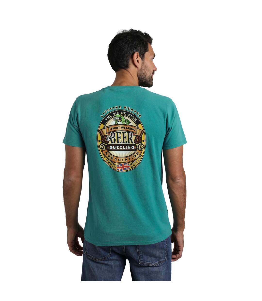 Mens beer guzzling back print t-shirt viridis Weird Fish-3