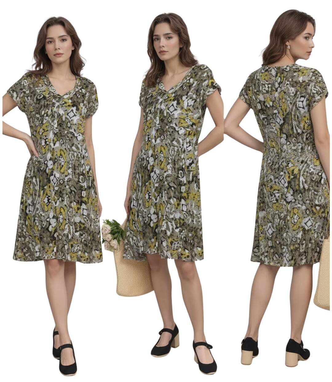 Robe femme manches courtes, imprimée kaki, longueur genoux - Original et féminine-2