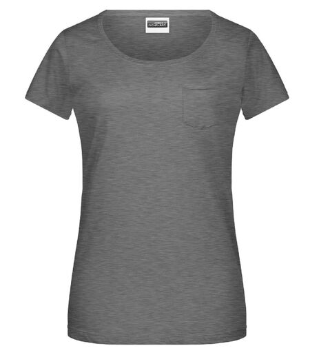 T-shirt BIO col rond poche poitrine - Femme - 8003 - noir chiné