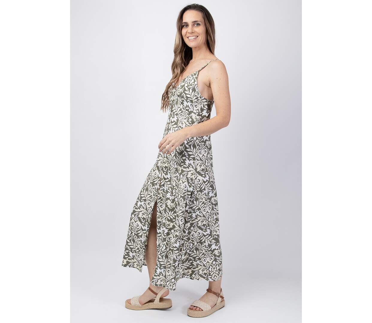 Robe longue VICTORIA motif ethnique kaki Coton Du Monde-3