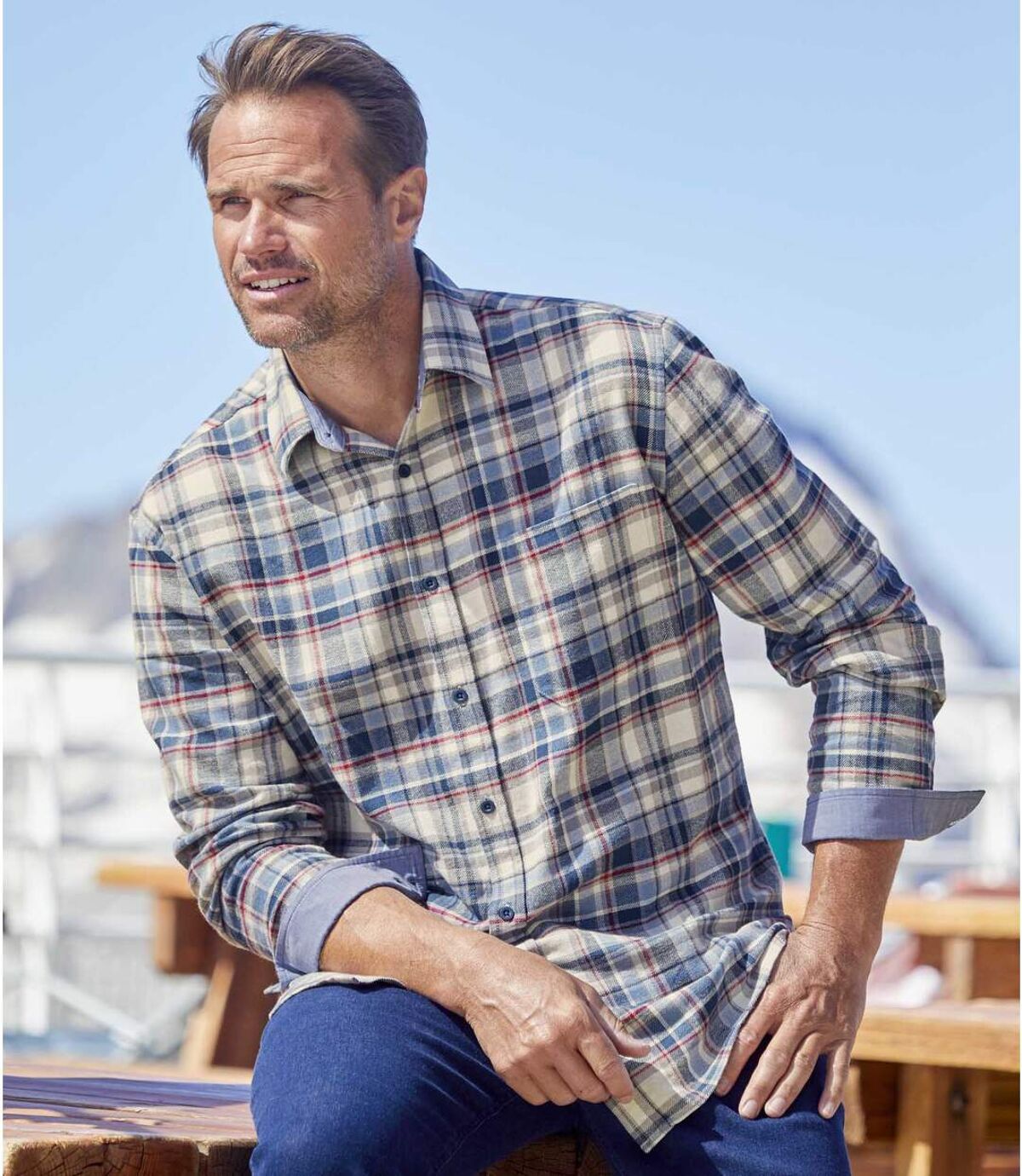 Men's Checked Flannel Shirt with Chambray Details - Blue Ecru Atlas For Men