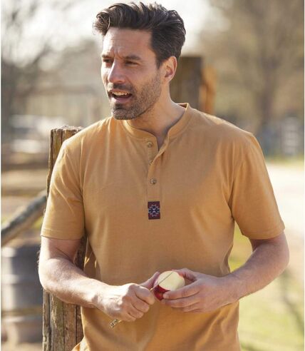 Pack of 3 Men's  Button-Neck T-Shirts- Red Blue Ochre 