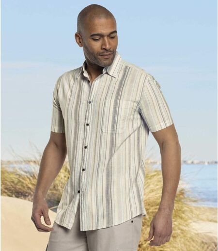 Men's Striped Shirt with Short Sleeves - Off-White