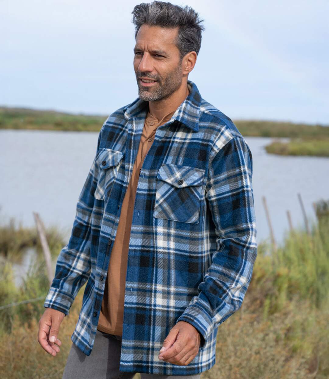 Men's Checked Fleece Overshirt - Blue Black Ecru 