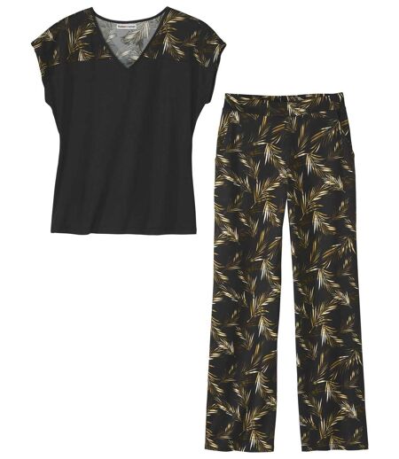 Women's Palm Print Top & Pant Set - Black
