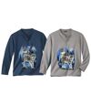 Pack of 2 Men's Wolf Print Long-Sleeved T-Shirts - Blue Grey Atlas For Men
