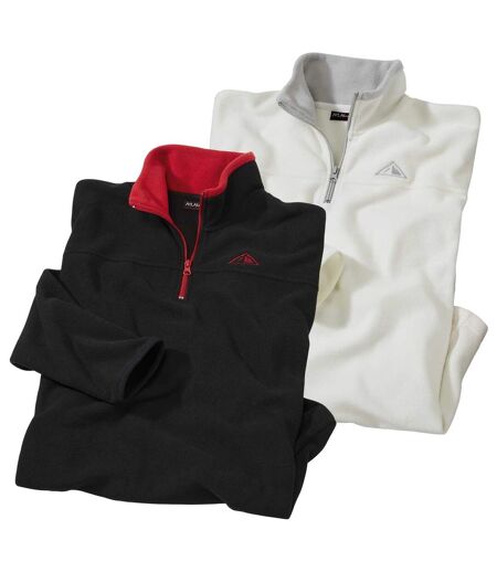 Pack of 2 Men's Microfleece Jumpers with Zip-Up Collar - White Black