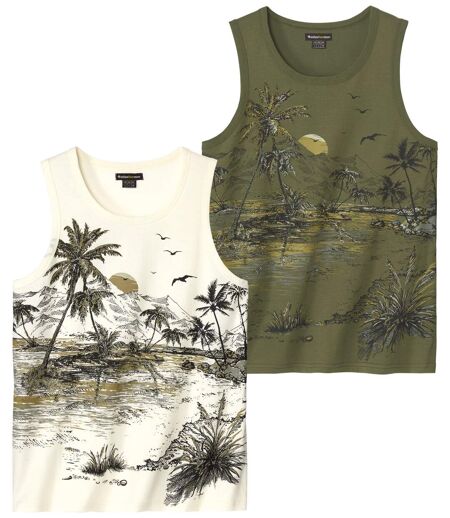 Pack of 2 Men's Landscape Vests - Ecru Green 