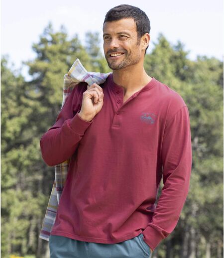 Pack of 2 Men's Long Sleeve Button-Neck Tops - Burgundy Yellow