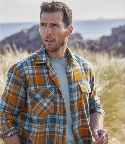 Men's Checked Flannel Shirt - Orange Blue 