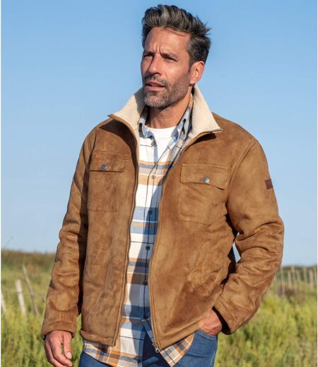 Men's Camel Sherpa-Lined Faux-Suede Jacket