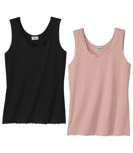 Pack of 2 Women’s Stretch Lace Vest Tops – Black Pink