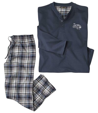 Men's Cotton Pyjamas - Navy Blue Ecru Checks