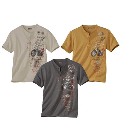 Pack of 3 Men's Henley Graphic T-Shirts - Beige Anthracite Ochre