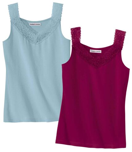 Pack of 2 Women's Stretch Lace Tank Tops - Sky Blue Burgundy