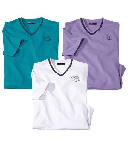 Pack of 3 Men's V-Neck T-Shirts - White Turquoise Purple