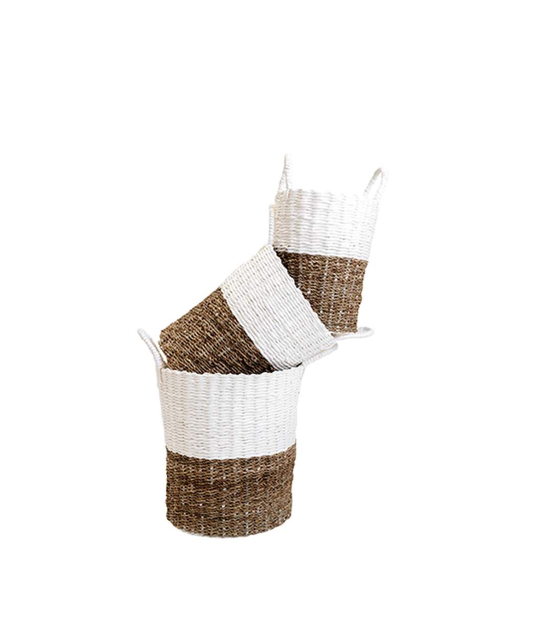 Lot de 3 Paniers bicolores en jonc et papier tressés - Beige et Blanc-1