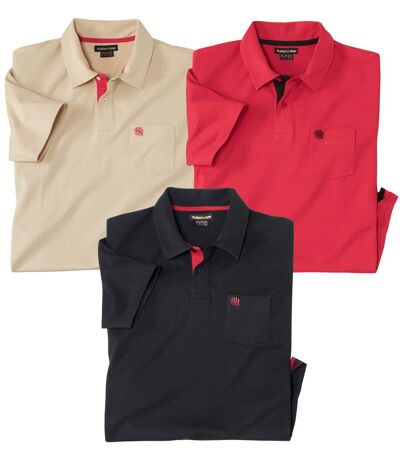Pack of 3 Men's Casual Polo Shirts - Beige Black Red