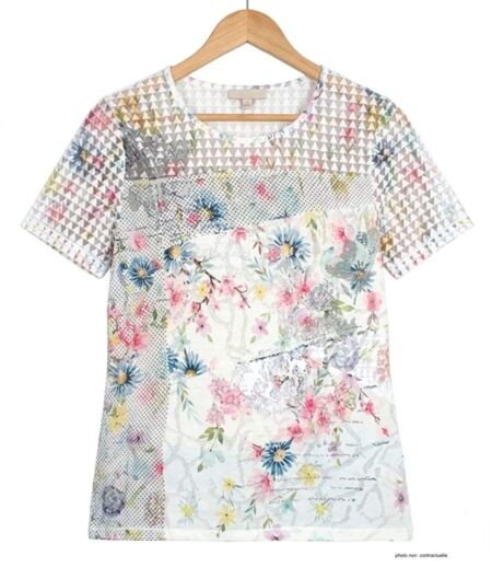 Tee-shirt MAYFLOWER BAG15117A fleuri : l'élégance du voile et de la transparence