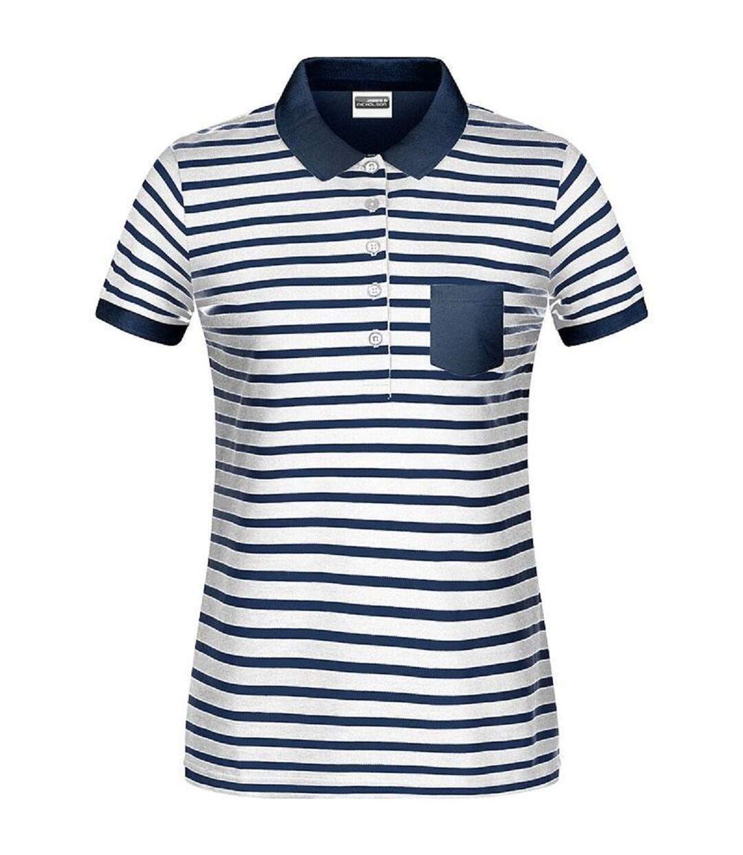 Polo rayé marinière coton bio pour femme - 8029 - blanc et bleu marine-1