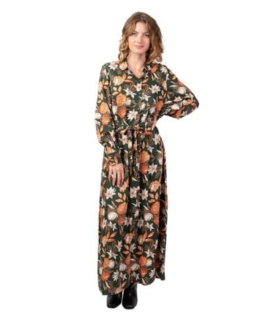 Robe longue en viscose épais kaki VAIANA motif fleuri coloré Coton Du Monde