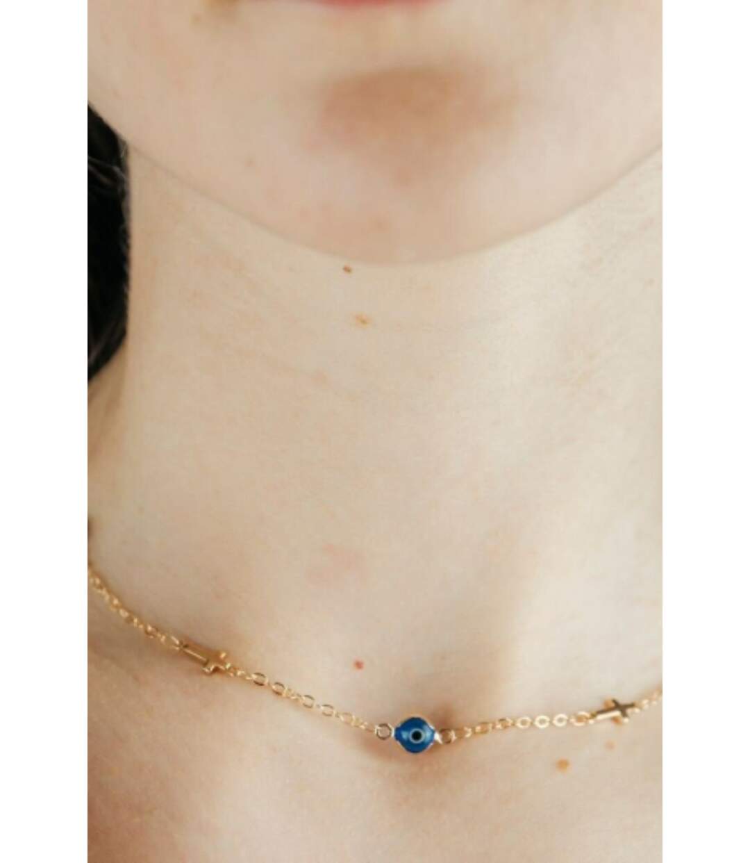 Blue Evil Eye Sideways Cross Necklace Minimalist Choker Dainty Protection Choker-2