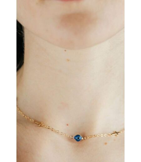 Blue Evil Eye Sideways Cross Necklace Minimalist Choker Dainty Protection Choker