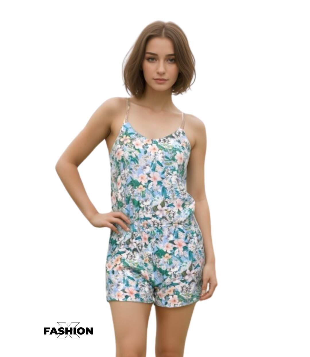 Combinaison short femme - Imprimé motifs fleurs - Bretelles-1