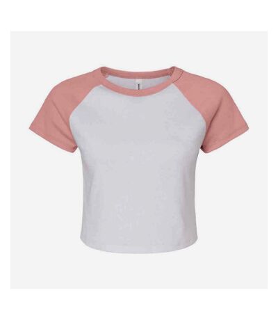 Womens/ladies micro-rib raglan crop top white/pink Bella + Canvas