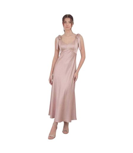 Womens/ladies Satin Tie Shoulder Bridesmaid Maxi Dress Soft Pink Deluxe