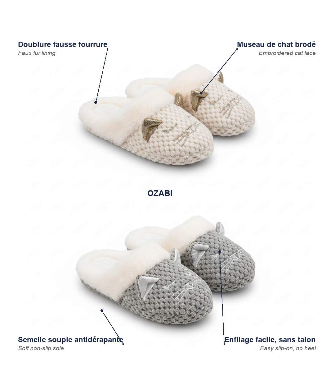 OZABI Pack 2 Paires Mules Femme Motif Chat Doublure Fausse Fourrure-5
