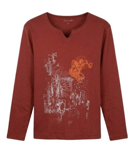 AXONE CHALON2B - Tee-shirt bordeaux manches longues col V avec imprimé devant et bas fendu