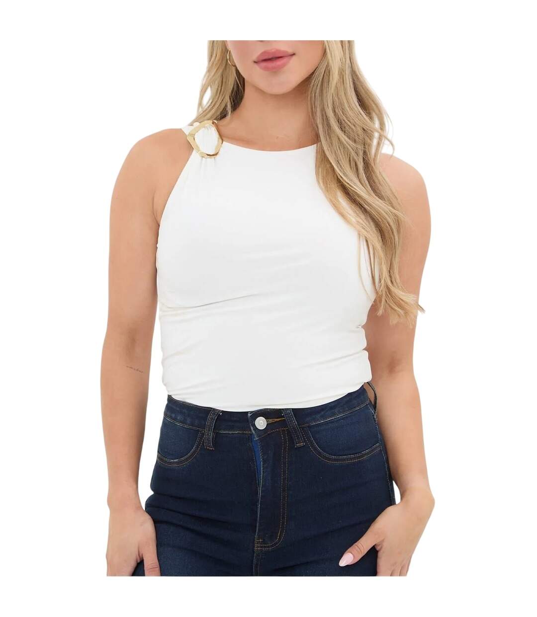 Womens/ladies Fitted Sleeveless Vest Top Cream I Saw It First-1