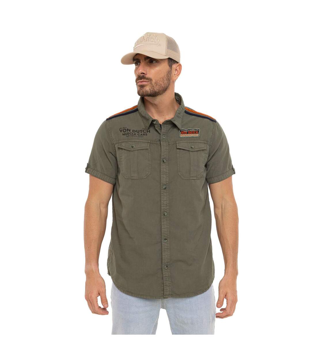 Chemise homme manches courtes en popeline avec patch et print Box Vondutch-1